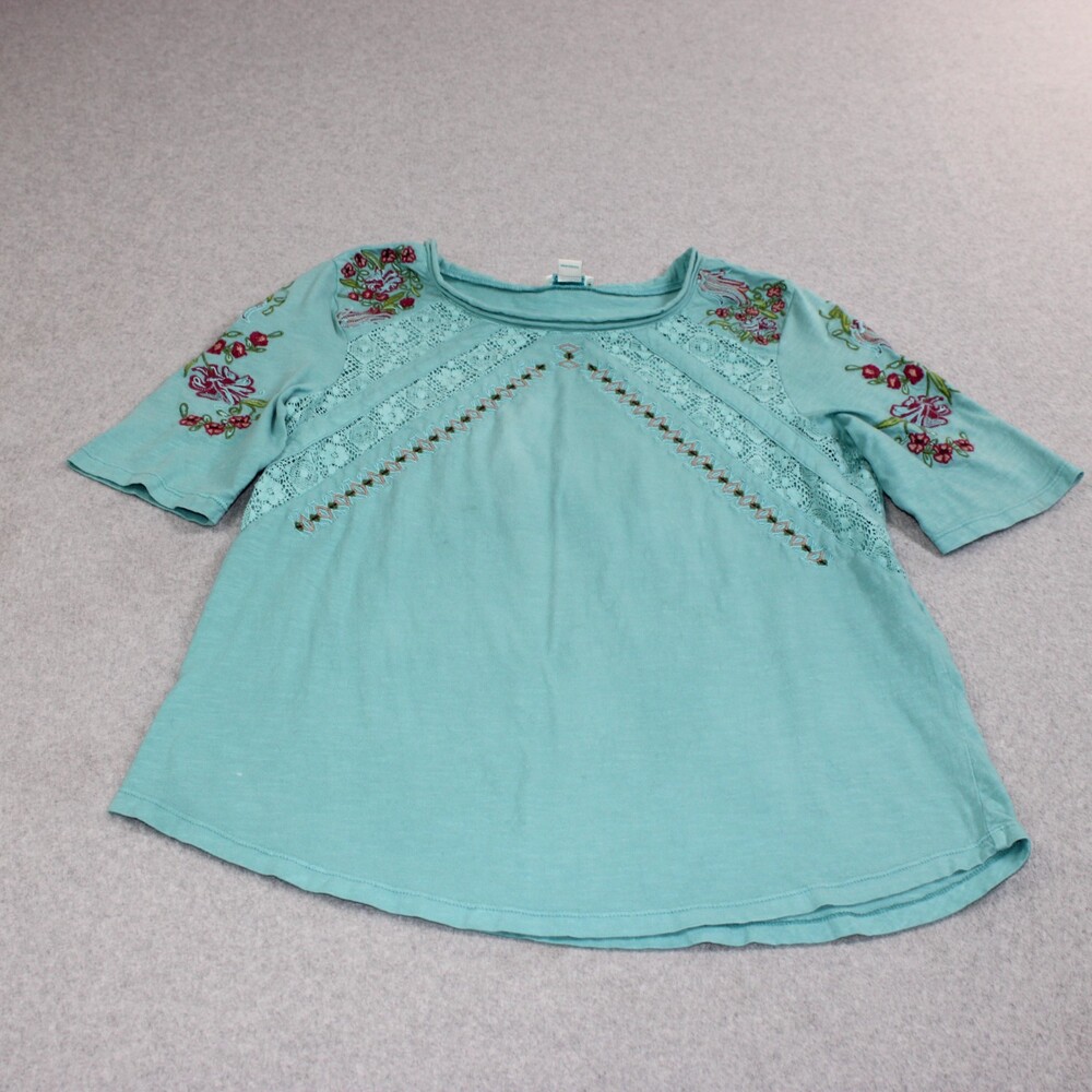 Sundance Shirt Women Medium Blue Green Embroidered Floral Boho Coastal Art READ